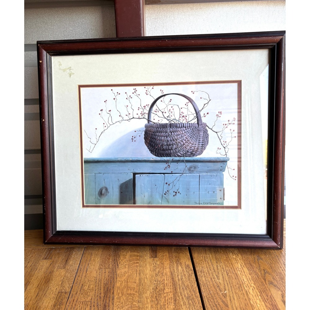 Pauline Eblé Campanelli Framed Basket Still Life Print Rustic Folk Art 18x21.5